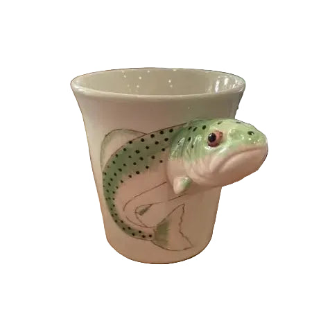 Cream ceramic rainbow trout mug with sculpted fish head handle and illustrated body — Adventure Awaits