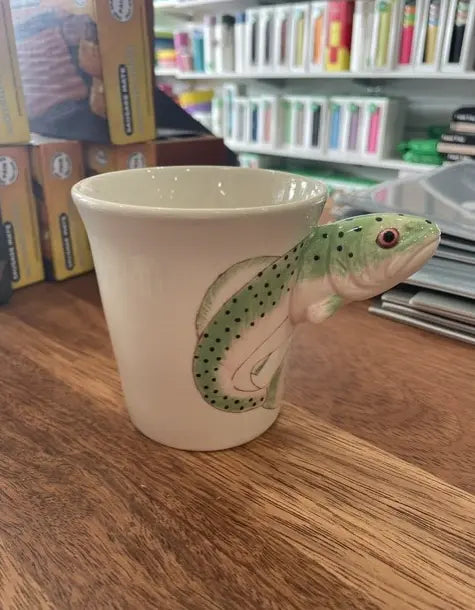 Cream rainbow trout mug with green spotted fish body and sculpted head handle — Adventure Awaits