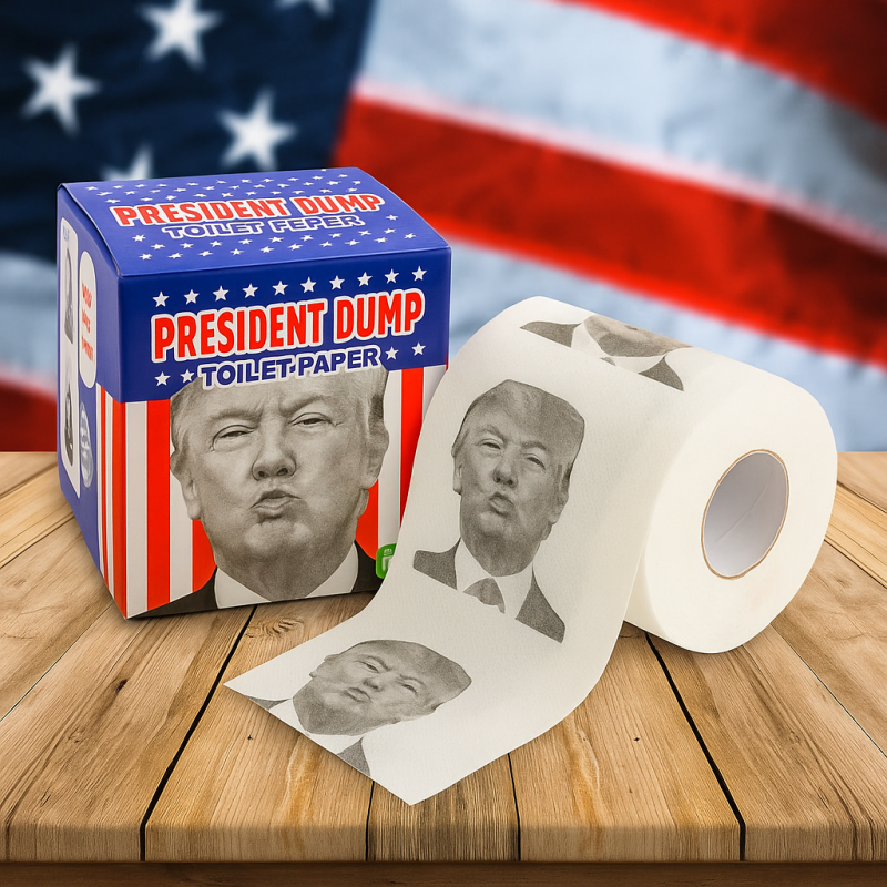 Roll of toilet paper with a printed face and packaging labeled 'President Dump' on an American flag background.