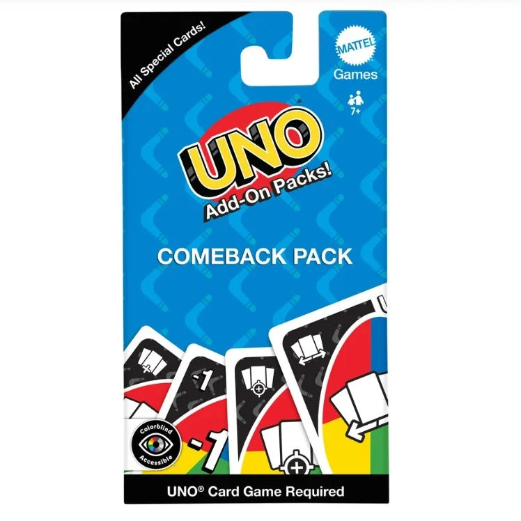 UNO Add-On Comeback Pack with special action cards in blue packaging, UNO card game required — Adventure Awaits