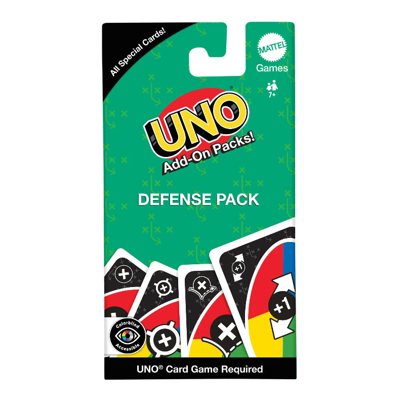 UNO Add-On Defense Pack with special action cards in green packaging, UNO card game required — Adventure Awaits