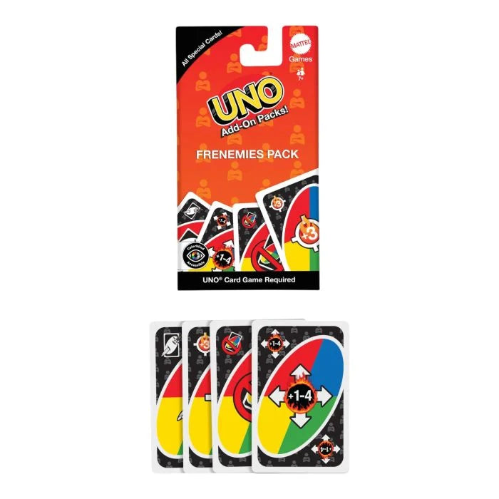 UNO Add-On Frenemies Pack with action cards and orange packaging, UNO card game required — Adventure Awaits