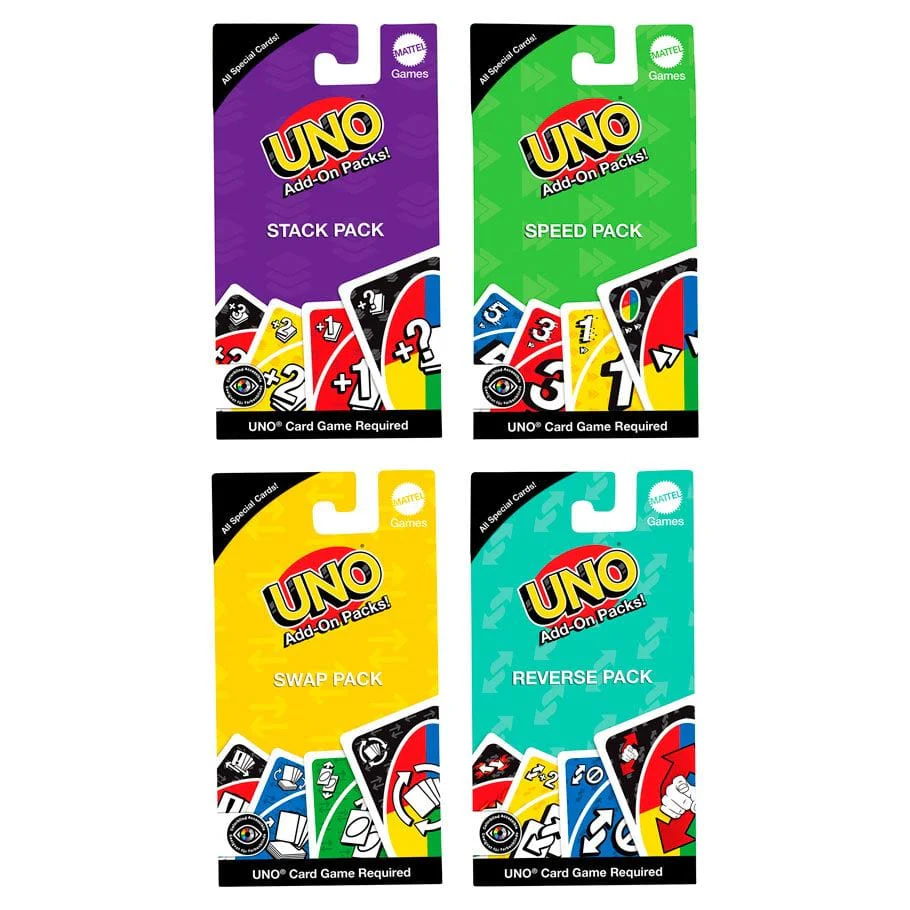 UNO Add-On Stack, Speed, Swap and Reverse Packs in colourful packaging — Adventure Awaits