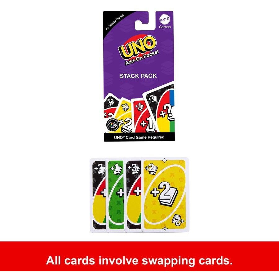UNO Add-On Stack Pack with special cards and text explaining all cards involve swapping — Adventure Awaits