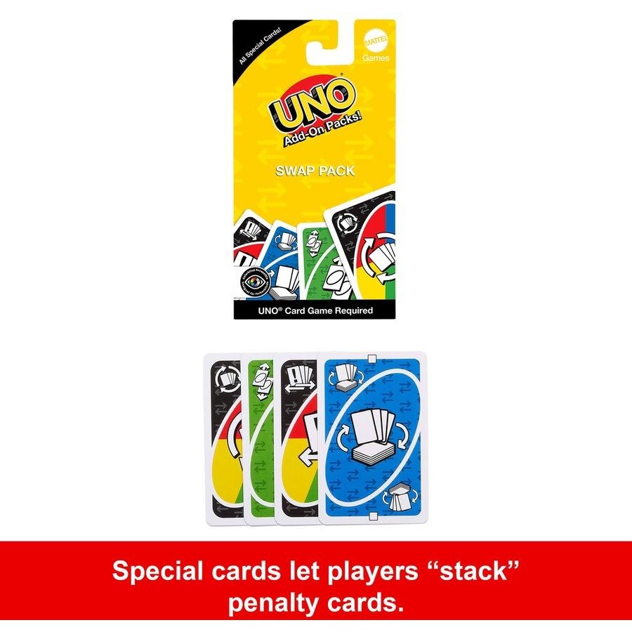 UNO Add-On Swap Pack with special cards and text explaining players can stack penalty cards — Adventure Awaits
