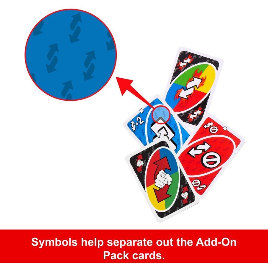 UNO Add-On Reverse Pack cards with matching symbols to help separate them from the main deck — Adventure Awaits