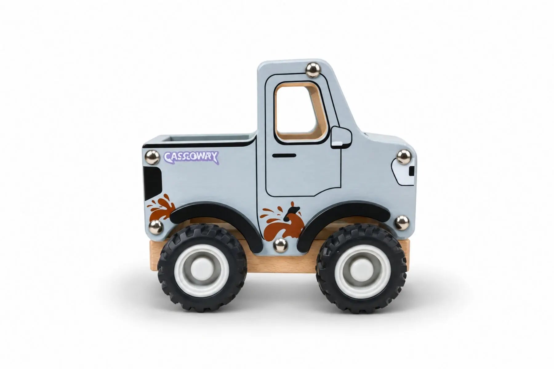 Side view of Koala Dream Aussie Wheels ute with grey body, open tray and chunky black wheels — Adventure Awaits