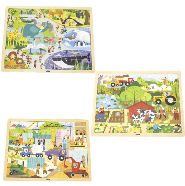 Three Viga wooden jigsaw puzzles with zoo, farm and construction scenes — Adventure Awaits