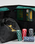 Interior of Waddingtons Texas Hold’em poker carry case with chips, cards and drawstring pouch — Adventure Awaits
