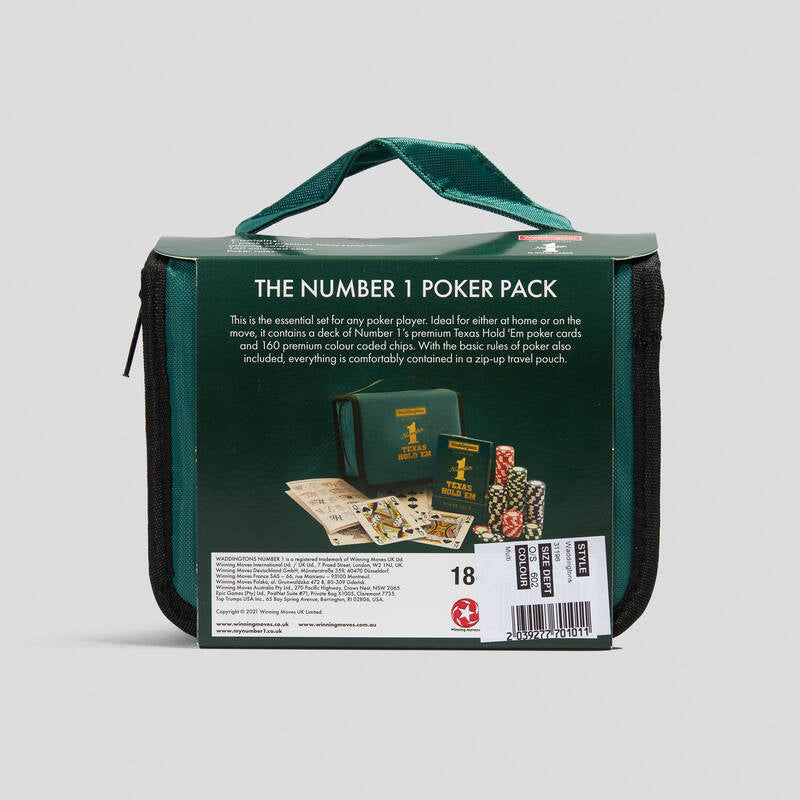 Waddingtons Texas Hold’em poker pack back view with zip carry case and contents list — Adventure Awaits