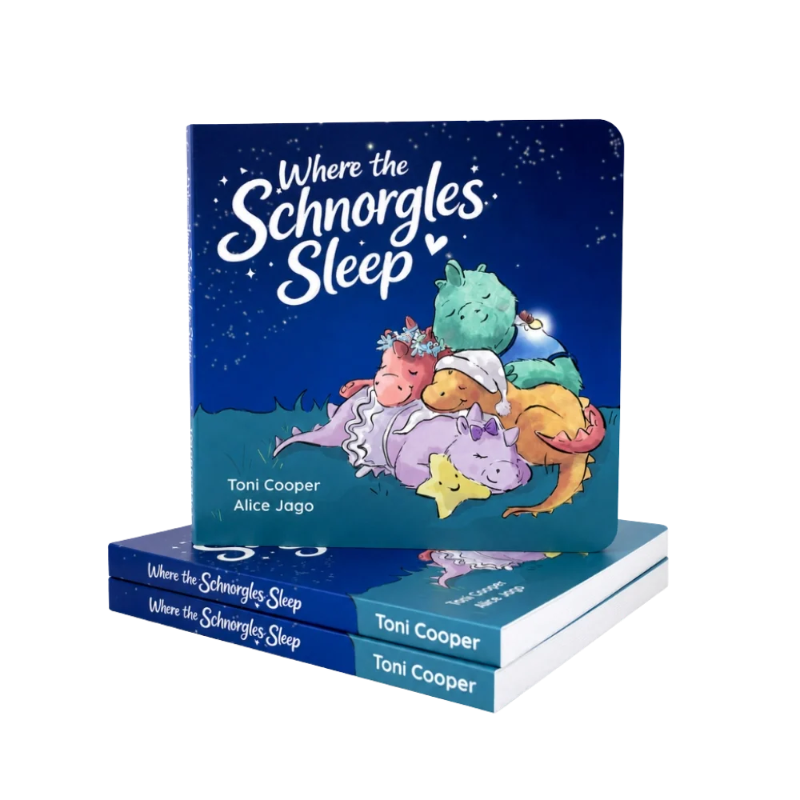 Where the Schnorgles Sleep bedtime board book with colourful sleeping Schnorgles on blue cover — Adventure Awaits
