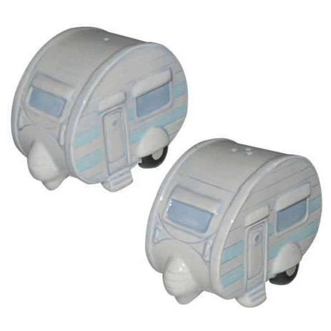 Grey caravan salt and pepper shakers with pale blue stripe details — Adventure Awaits