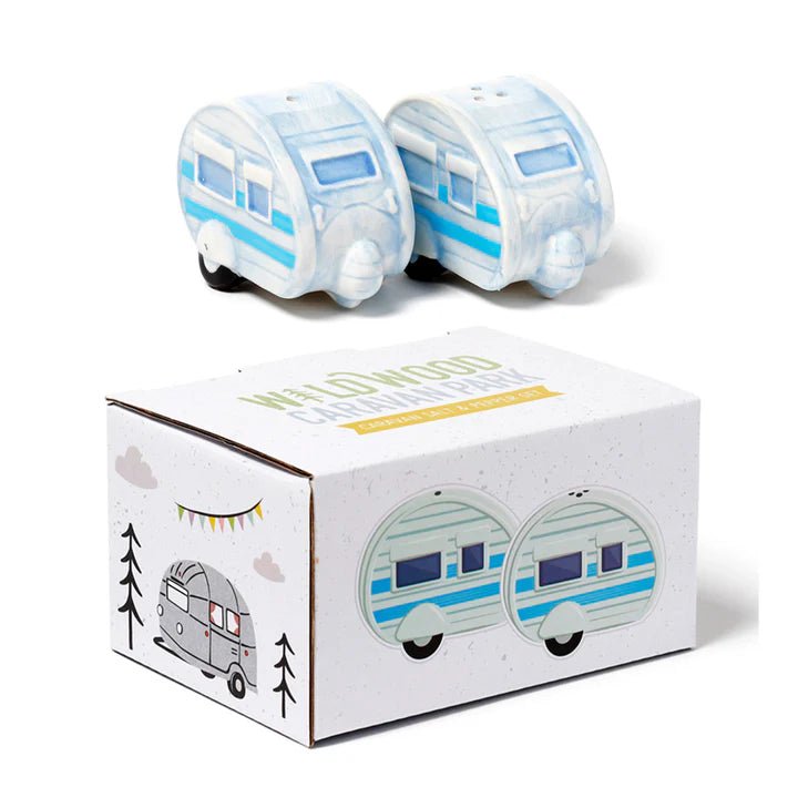 Grey caravan salt and pepper shakers with blue stripes and matching gift box — Adventure Awaits