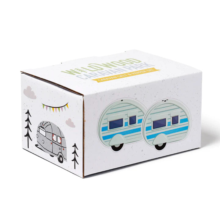Wanderlust Caravan Park salt and pepper set gift box with blue caravan artwork — Adventure Awaits