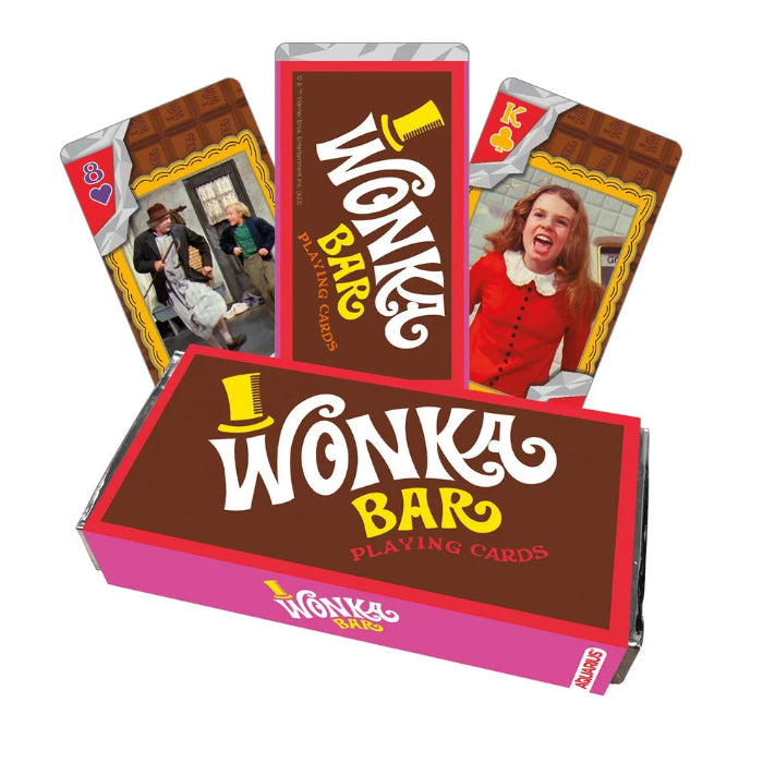 Wonka Bar playing cards with chocolate bar box and character cards from the classic film — Adventure Awaits