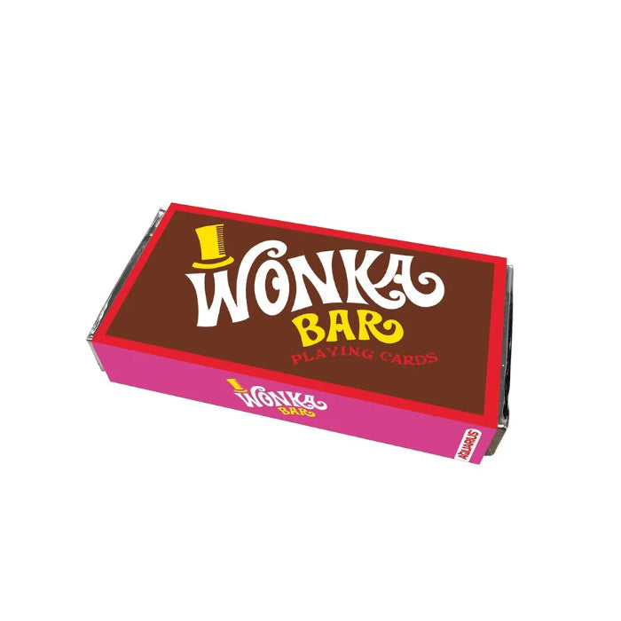 Wonka Bar playing cards in chocolate bar-style packaging with bold brown, pink and yellow design — Adventure Awaits