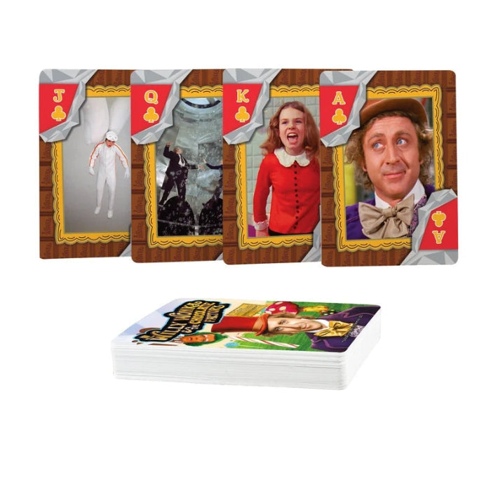 Willy Wonka playing cards with four character face cards and stacked deck with colourful movie artwork — Adventure Awaits