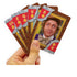 Hand holds five Willy Wonka playing cards with chocolate-themed backs and character portrait — Adventure Awaits