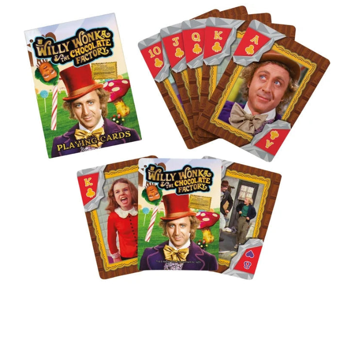 Willy Wonka & the Chocolate Factory playing cards with character cards and colourful movie artwork — Adventure Awaits