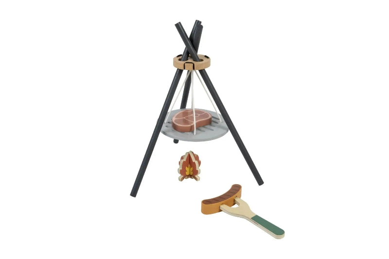 Tookytory wooden camping set tripod fire with toasting fork with sausage and steak on grill — Adventure Awaits