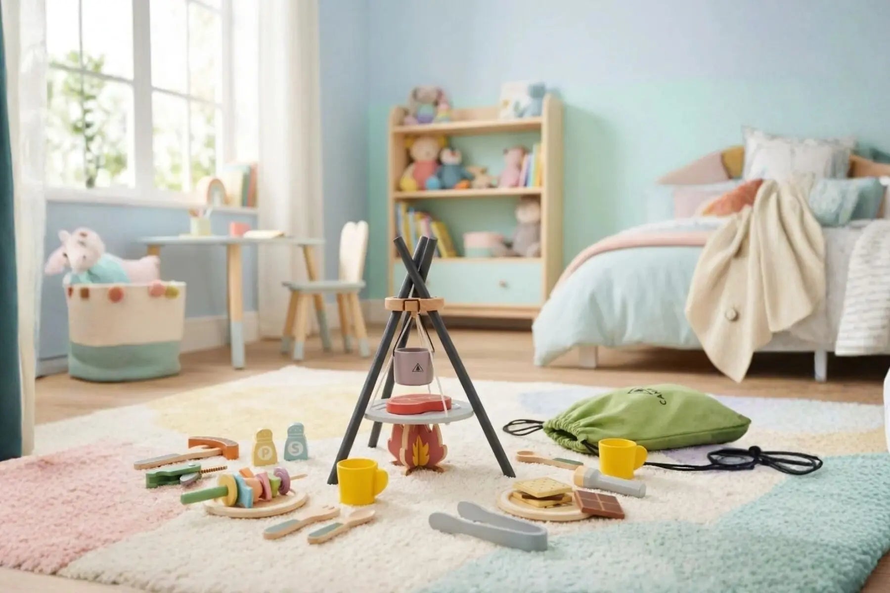 Tookytory wooden camping set arranged as pretend campfire play in bedroom — Adventure Awaits