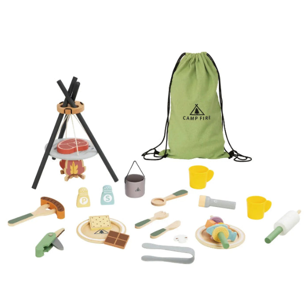 Tookytory wooden camping set with drawstring bag and pretend campfire pieces — Adventure Awaits