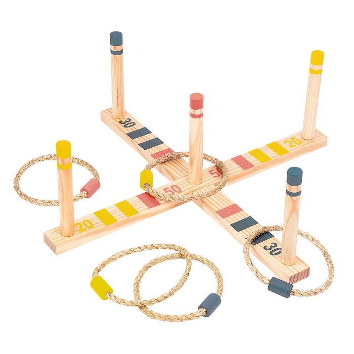 Wooden ring toss garden game with rope rings and coloured scoring pegs — Adventure Awaits