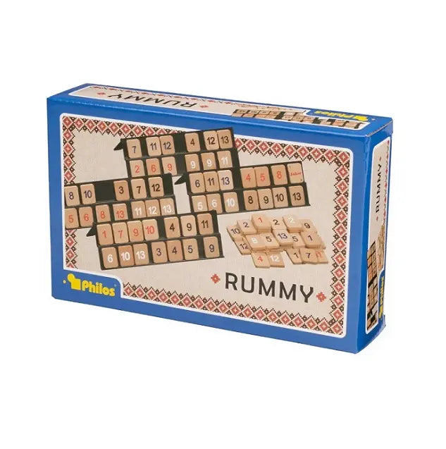 Philos Rummy tile game in blue retail box showing numbered wooden tiles and tile racks — Adventure Awaits