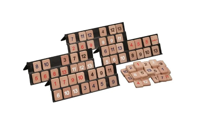 Philos Rummy tile game with numbered wooden tiles arranged on black tile racks — Adventure Awaits