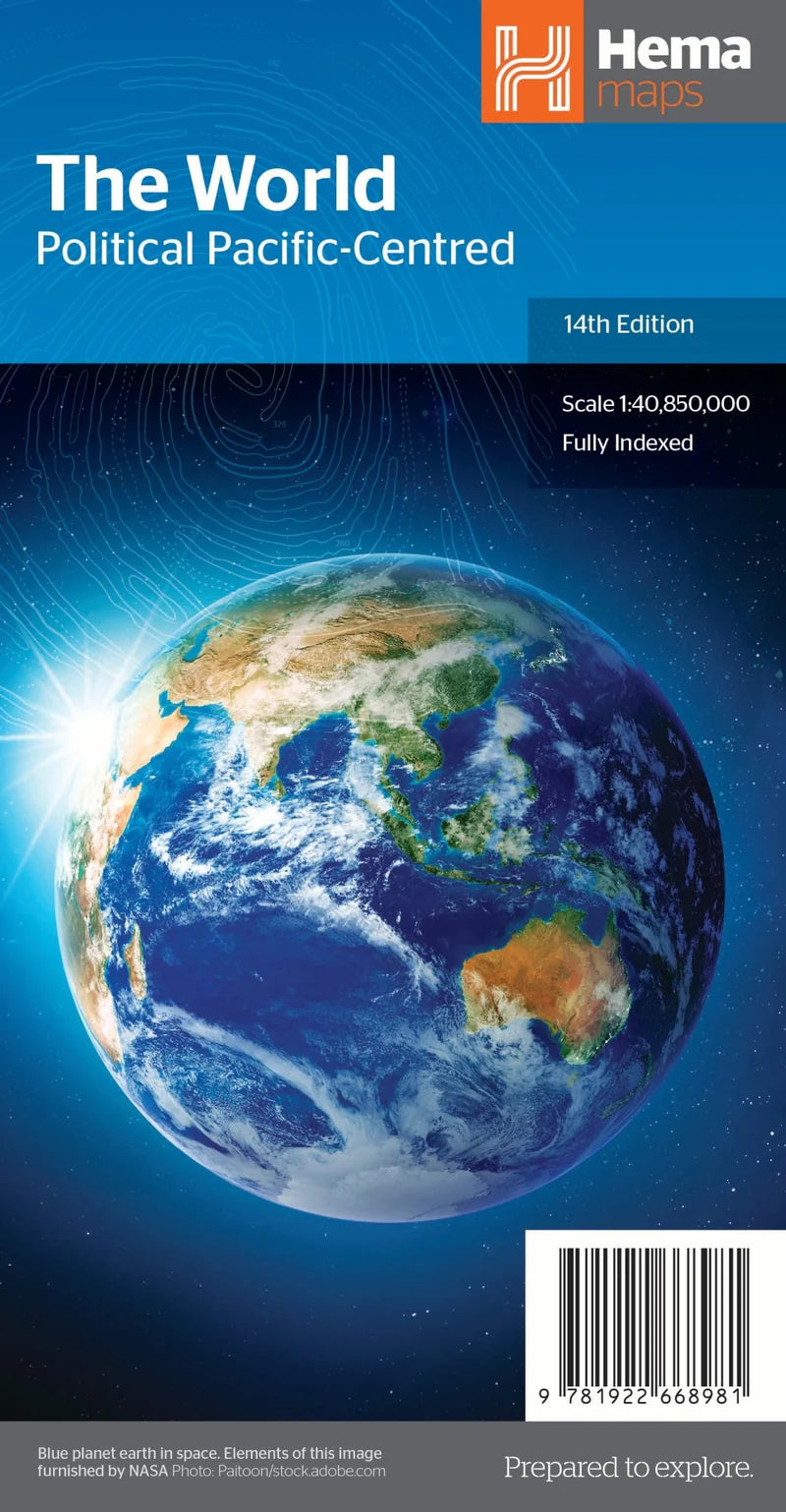 The world political pacific-centred map folded showing front cover on black background