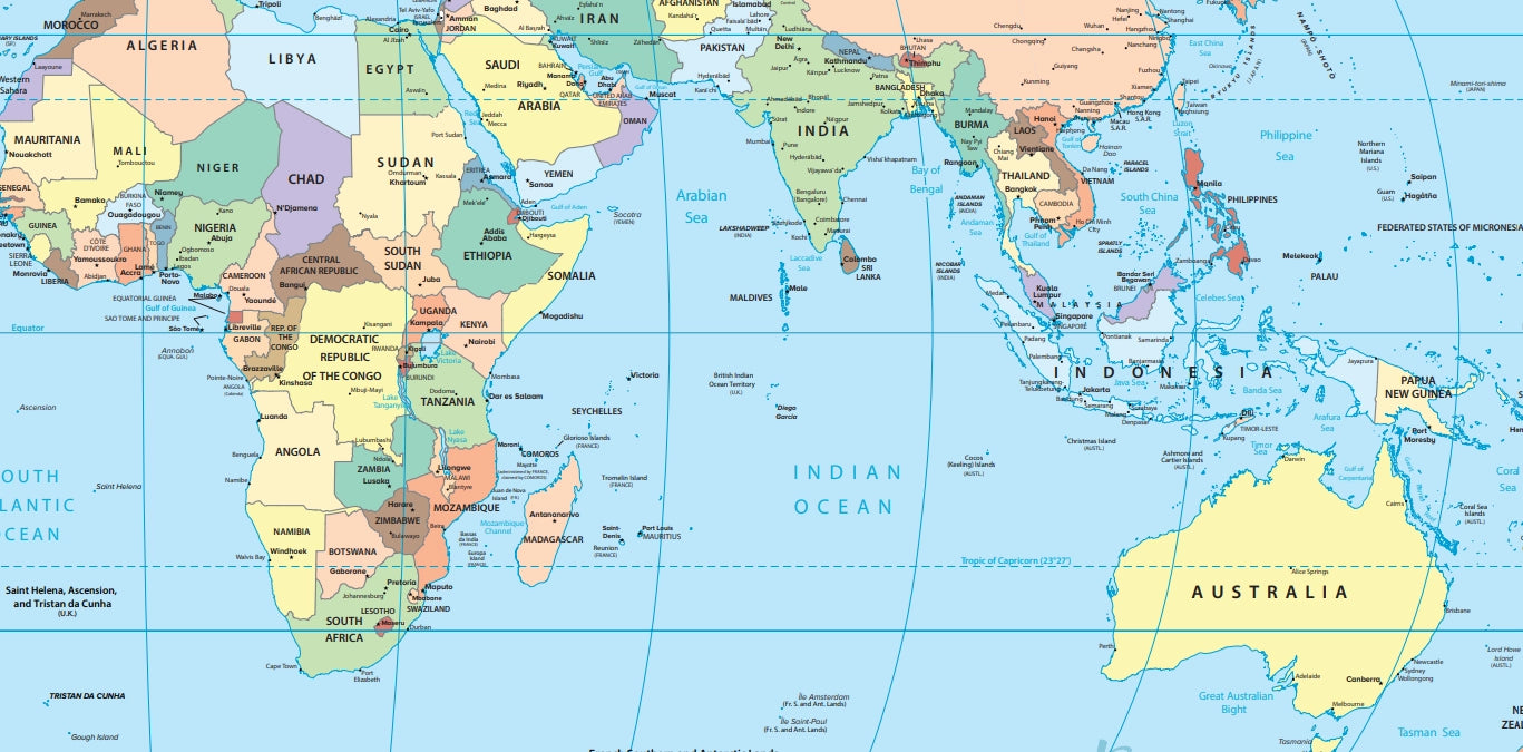 World map wall sticker close up showing North America and Pacific detail, with 1000 x 506mm size label — Adventure Awaits