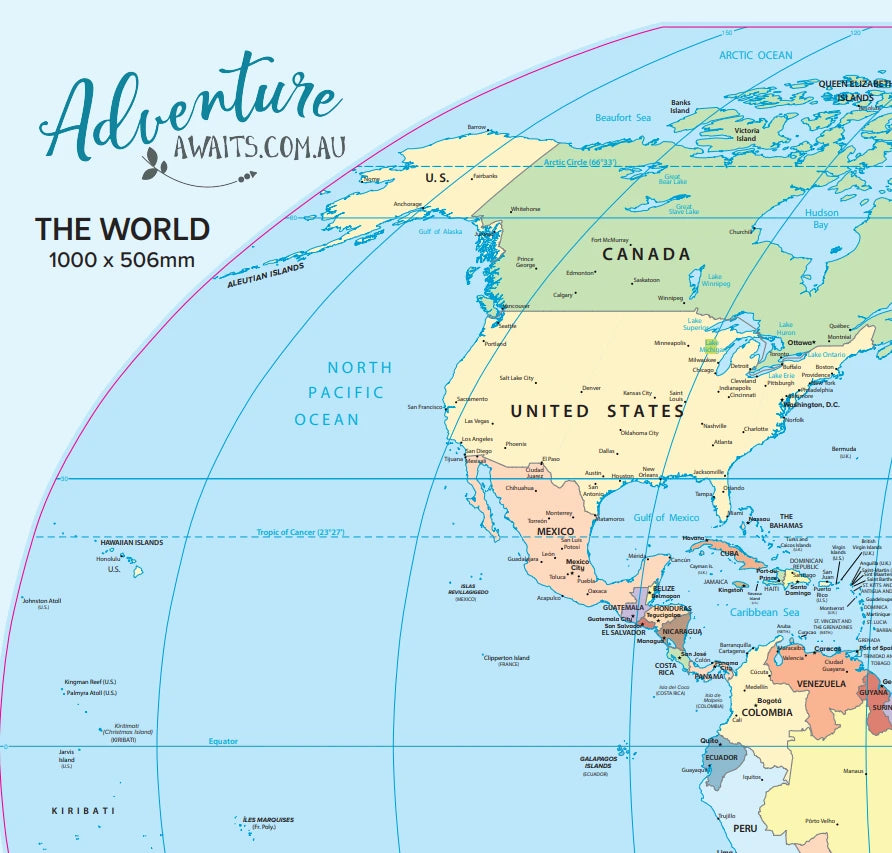 World map wall sticker close up showing Africa, Asia and Australia with clear country labels — Adventure Awaits
