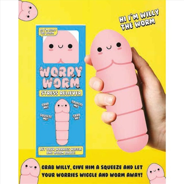 Hand holding pink Worry Worm stress reliever beside blue gift box on yellow background — Adventure Awaits