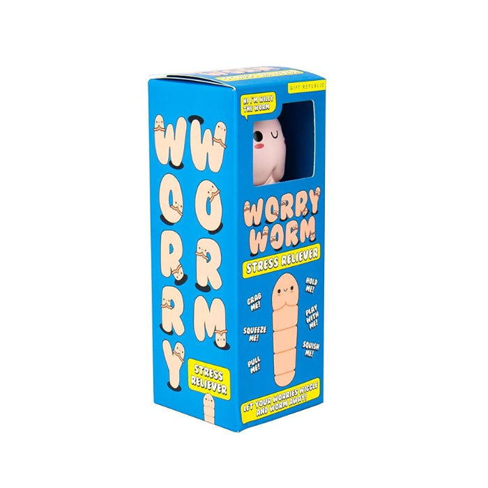 Worry Worm stress reliever in blue gift box with cute pink worm face — Adventure Awaits
