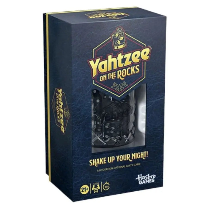 Yahtzee On The Rocks party dice game in dark blue retail box with dice cup and dice visible — Adventure Awaits