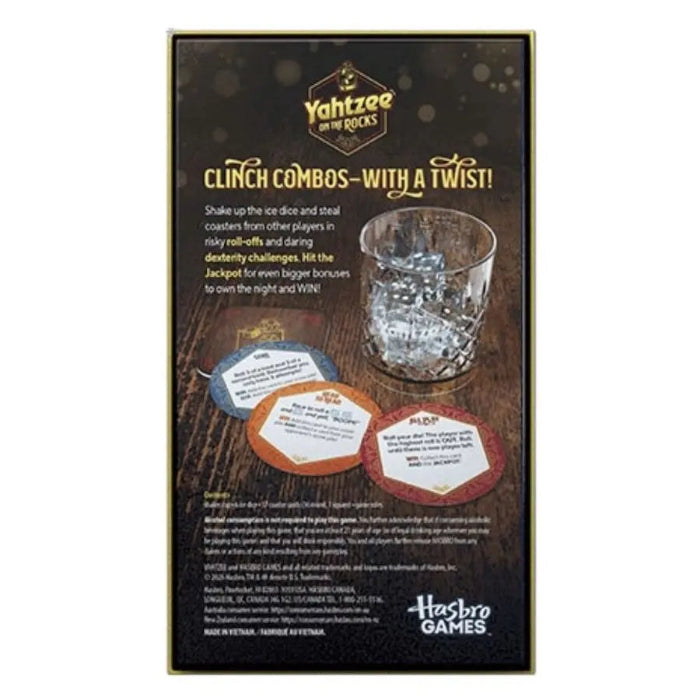Back of Yahtzee On The Rocks party game box showing dice tumbler, challenge coasters and gameplay details — Adventure Awaits