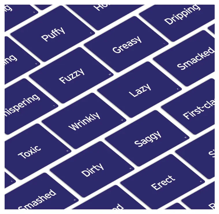 Purple You Can't Say Umm After Dark prompt cards with cheeky descriptive words — Adventure Awaits