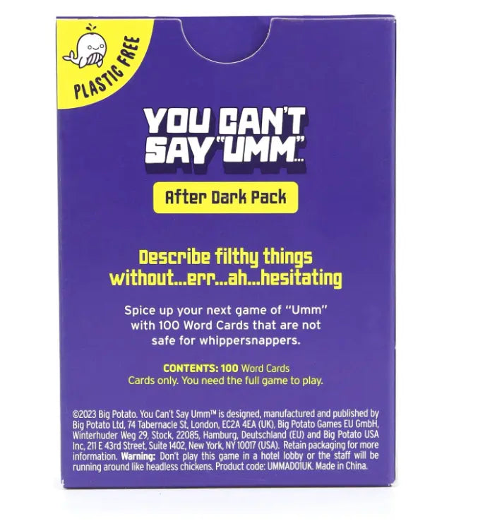 Back of You Can't Say Umm After Dark Pack with plastic-free label, game description and contents — Adventure Awaits