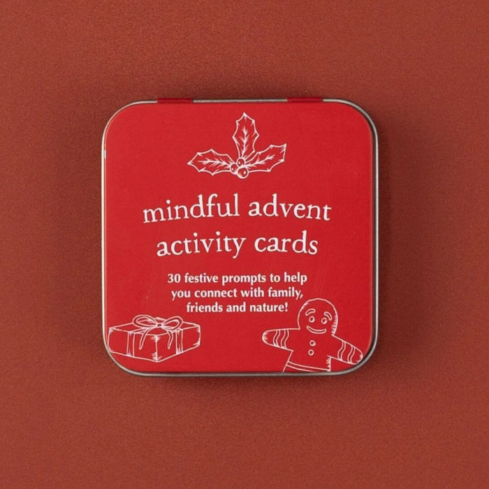 Red tin of Mindful Advent Activity Cards with 30 festive family and nature prompts — Adventure Awaits