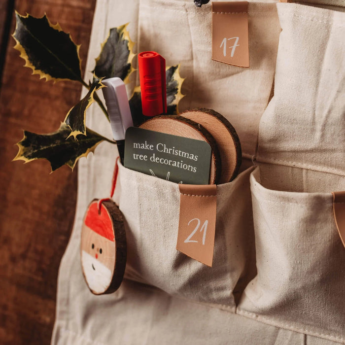 Mindful Advent Activity Card for making Christmas tree decorations tucked into a fabric advent calendar — Adventure Awaits