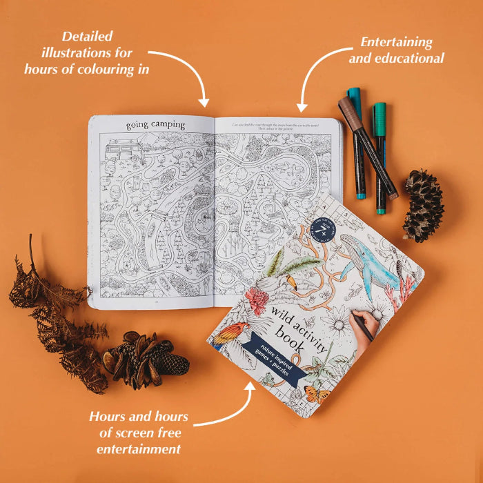 Wild Activity Book with camping puzzle, detailed colouring pages and screen-free nature activities — Adventure Awaits