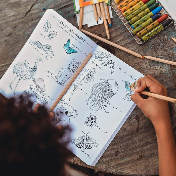 Child colouring nature alphabet activities in the Wild Activity Book with pencils and crayons — Adventure Awaits