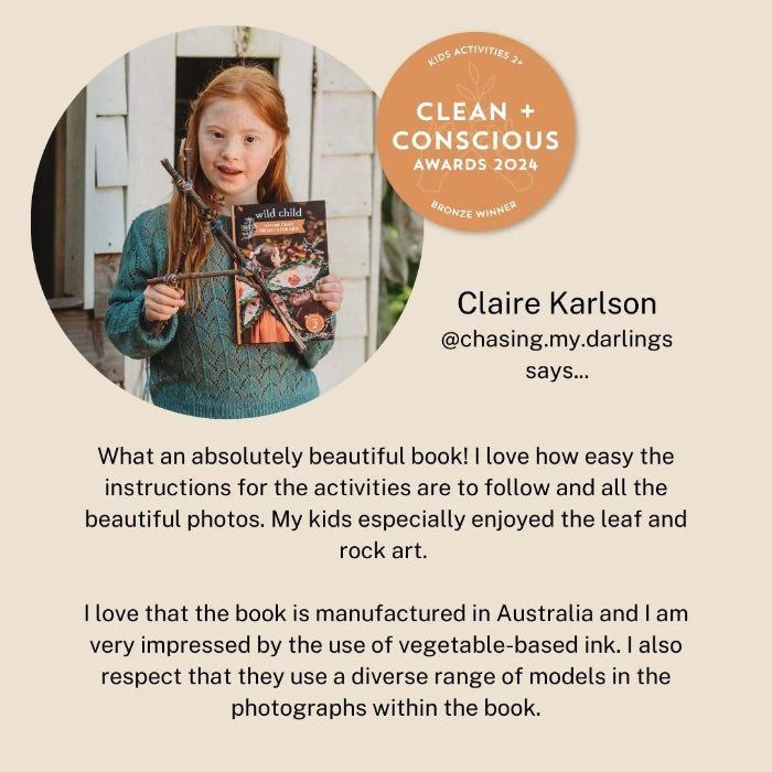 Child holding Wild Child nature craft book and stick frame beside a positive customer review — Adventure Awaits