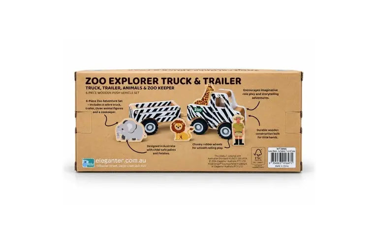 Back of Koala Dream Zoo Explorer Truck & Trailer box showing wooden truck, trailer, animals and zookeeper — Adventure Awaits