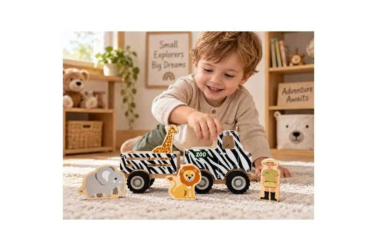 Child playing with Koala Dream Zoo Explorer wooden truck and trailer with giraffe, elephant and lion — Adventure Awaits