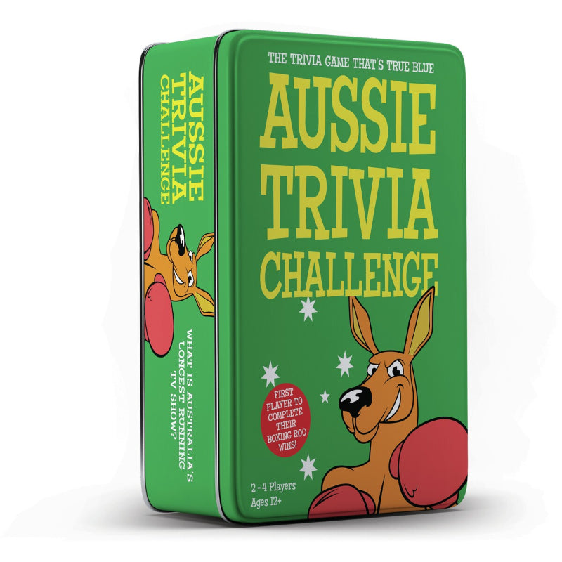 Aussie Trivia Challenge travel game in green tin with boxing kangaroo — Adventure Awaits