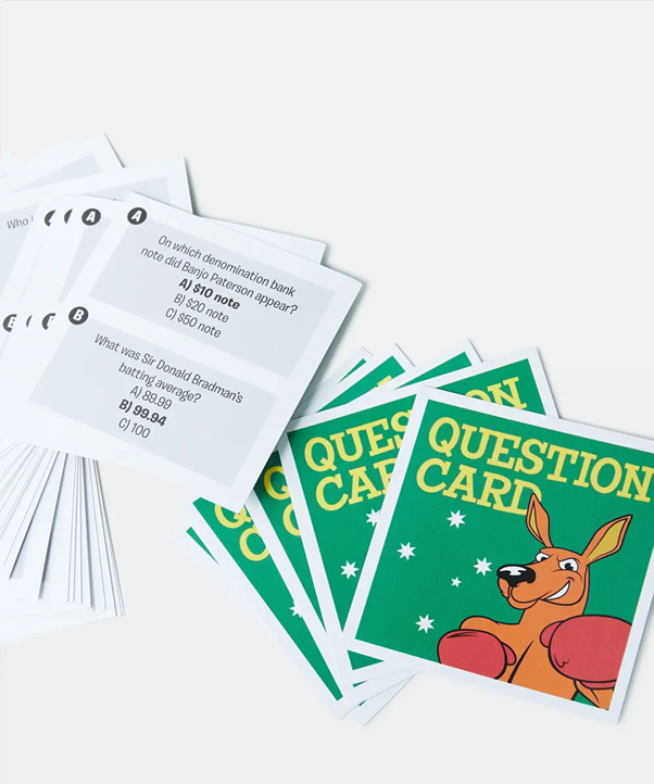 Aussie Trivia Challenge travel game question cards with boxing kangaroo design — Adventure Awaits