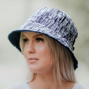 Bedhead Hats | Traveller Reversible Adults Frayed Bucket Sun Hat | Shibori/Indigo