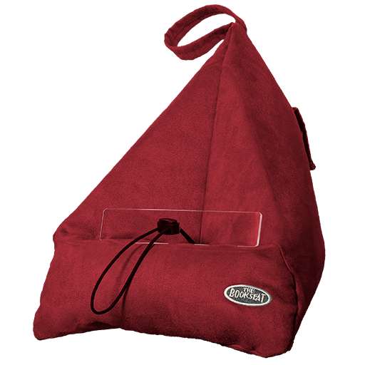 Cinnabar red The Book Seat hands-free book holder with front pocket and clear page rest — Adventure Awaits