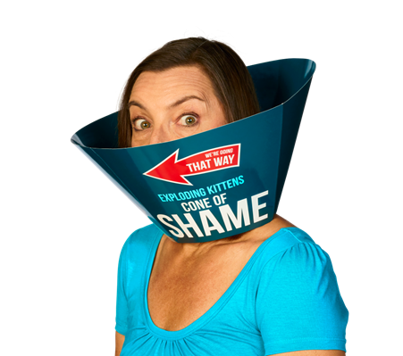 Woman wearing the Exploding Kittens Cone of Shame party game accessory — Adventure Awaits